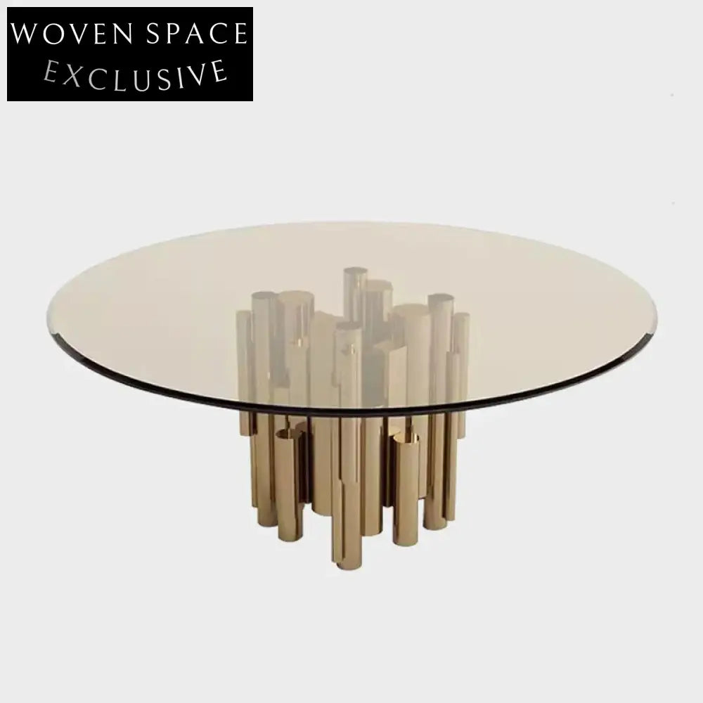 Luxury Modern Round Glass Dining Table, Stainless Steel Base, Six Seats