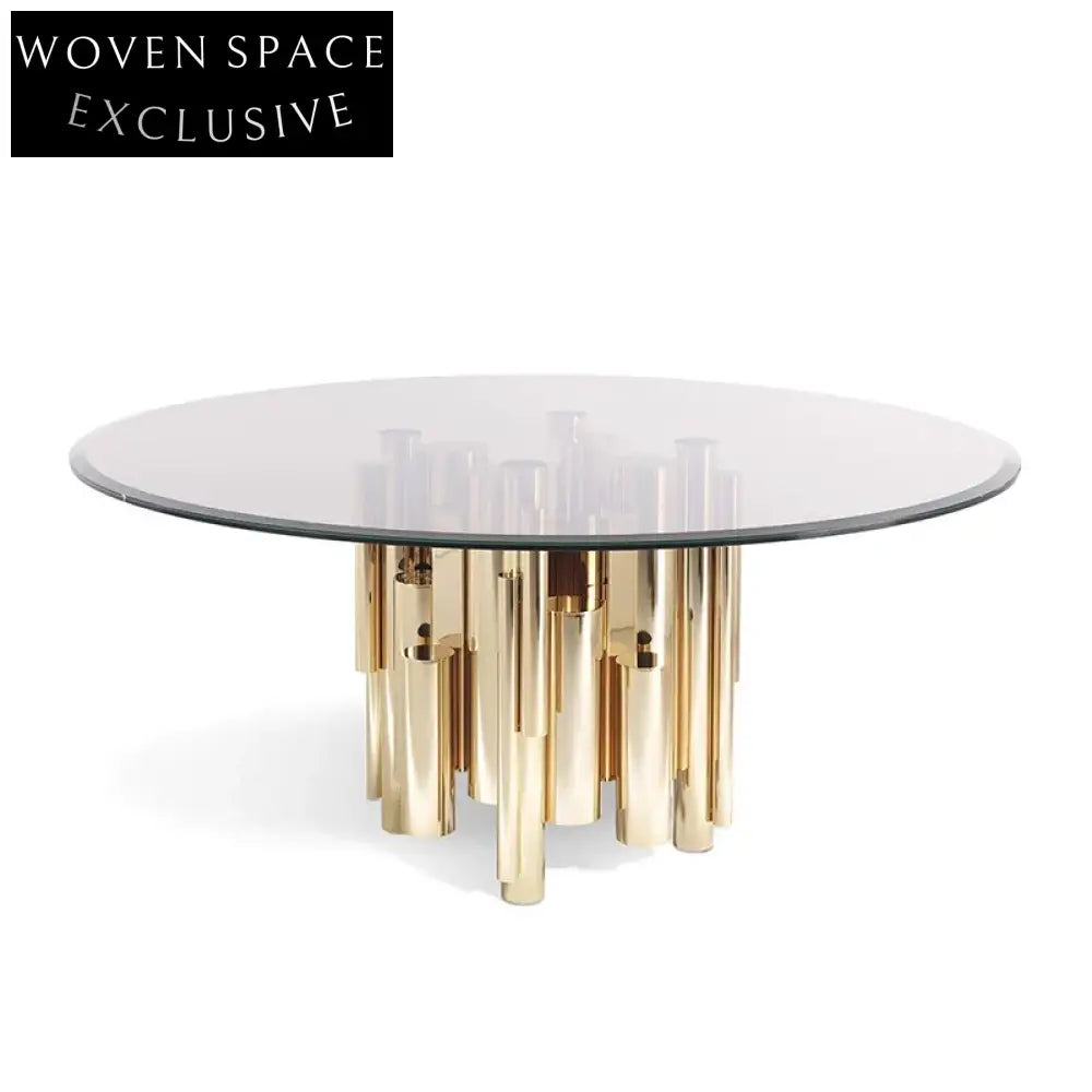 Luxury Modern Round Glass Dining Table, Stainless Steel Base, Six Seats
