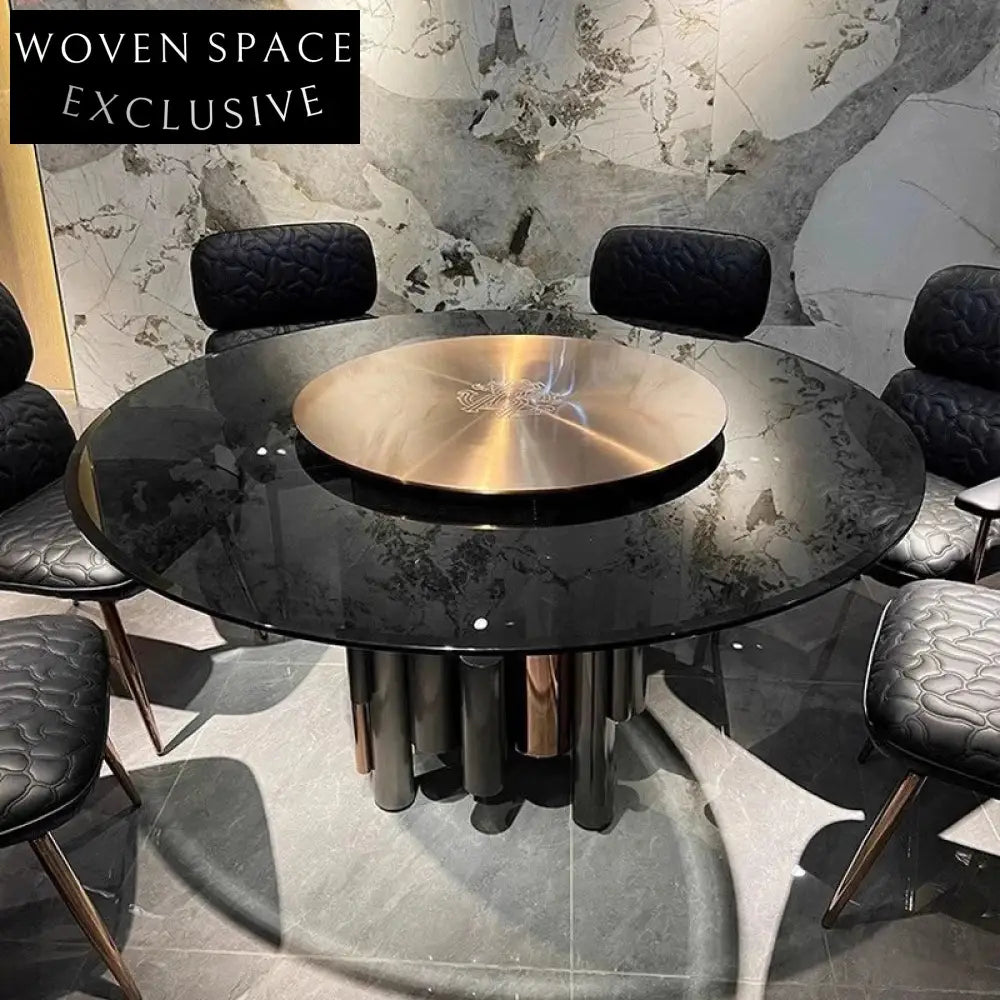 Luxury Modern Round Glass Dining Table, Stainless Steel Base, Six Seats