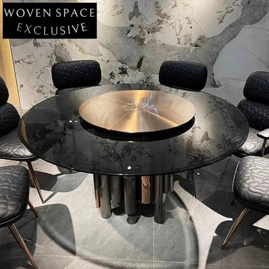 Luxury Modern Round Glass Dining Table, Stainless Steel Base, Six Seats