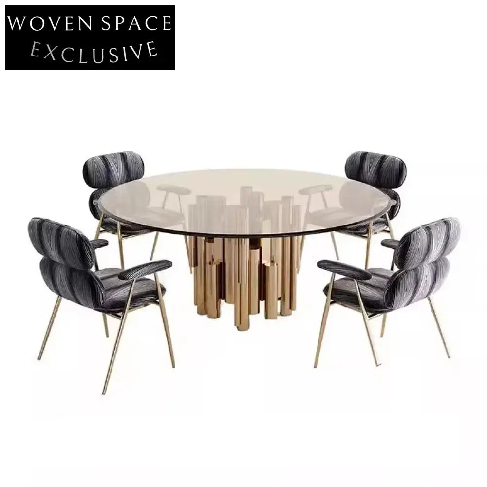Luxury Modern Round Glass Dining Table, Stainless Steel Base, Six Seats