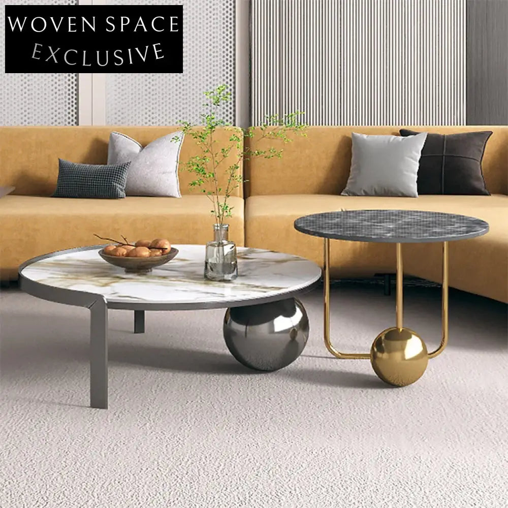 Luxury Modern Round Marble Top Coffee Table, Stainless Steel Base Accent Table