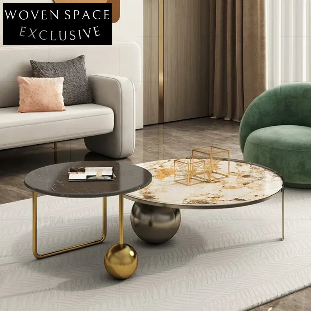 Luxury Modern Round Marble Top Coffee Table, Stainless Steel Base Accent Table