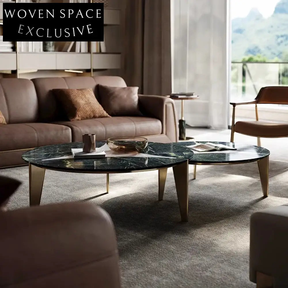 Luxury Modern Round Natural Marble Coffee Table with Golden Metal Frame