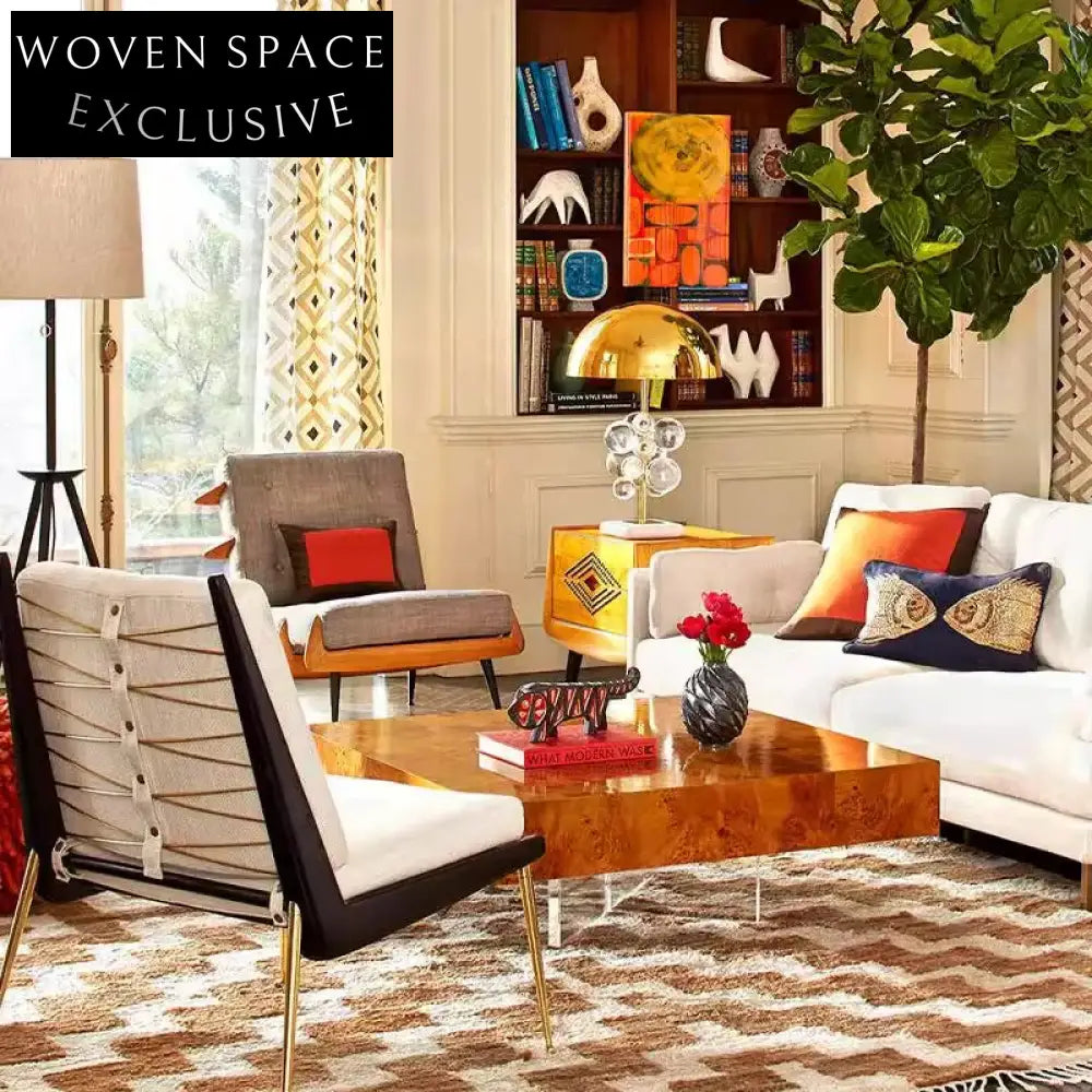 Luxury Modern Square Burl Wood Coffee Table with Clear Acrylic Legs