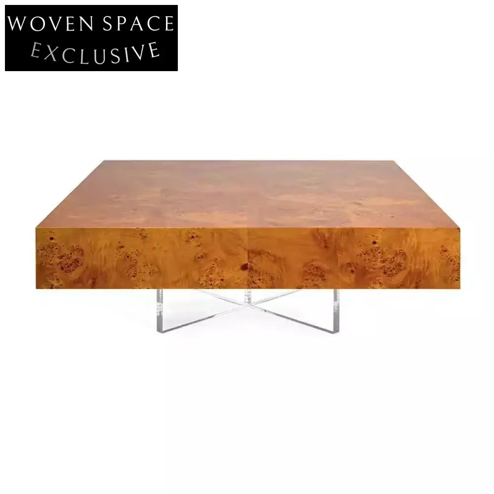 Luxury Modern Square Burl Wood Coffee Table with Clear Acrylic Legs