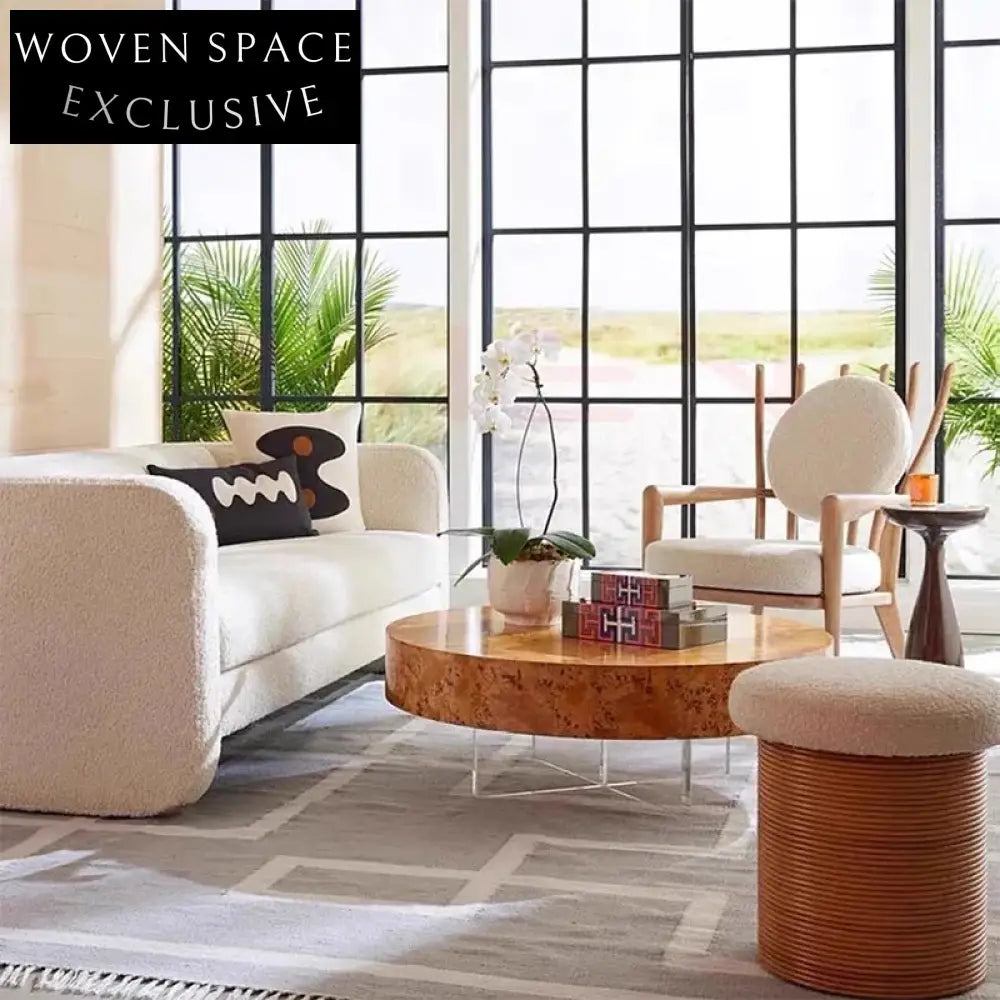 Luxury Modern Square Burl Wood Coffee Table with Clear Acrylic Legs