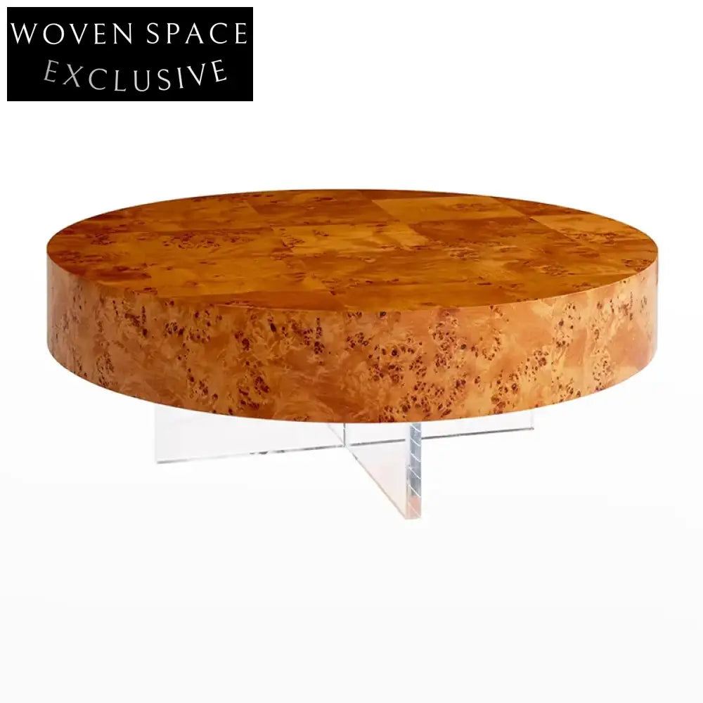 Luxury Modern Square Burl Wood Coffee Table with Clear Acrylic Legs