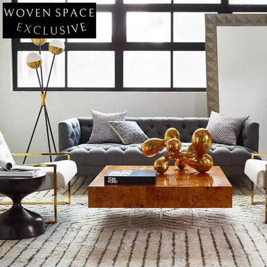 Luxury Modern Square Burl Wood Coffee Table with Clear Acrylic Legs