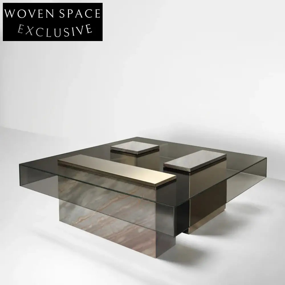 Luxury Modern Square Transparent Glass Gold Metal Living Room Coffee Table