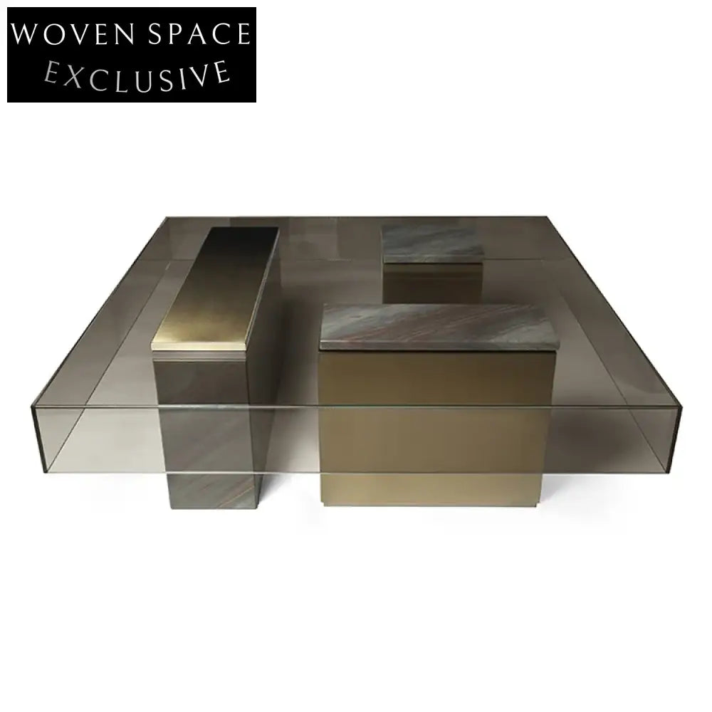 Luxury Modern Square Transparent Glass Gold Metal Living Room Coffee Table
