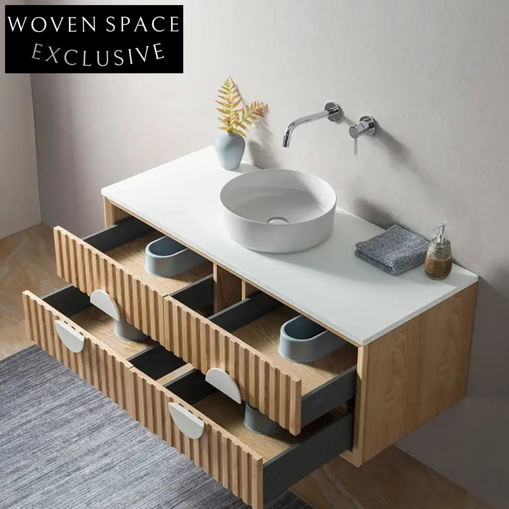 Luxury Modern Wall-Mounted Oak Wood Veneer Bathroom Vanity Cabinet Set