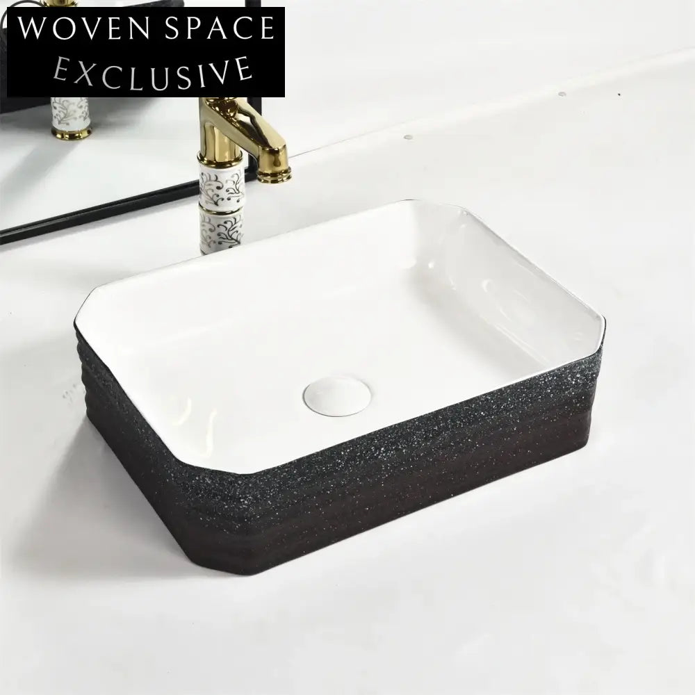 Luxury Modern White Ceramic Bathroom Countertop Vessel Sink with Gold Finish