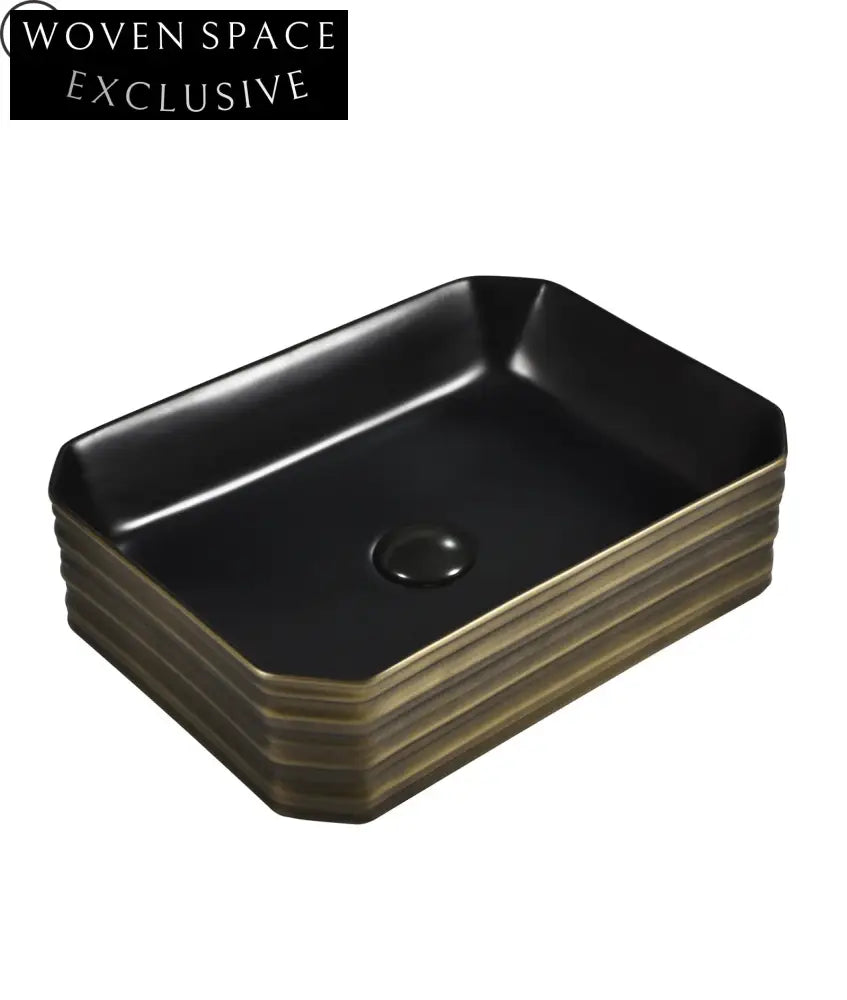 Luxury Modern White Ceramic Bathroom Countertop Vessel Sink with Gold Finish