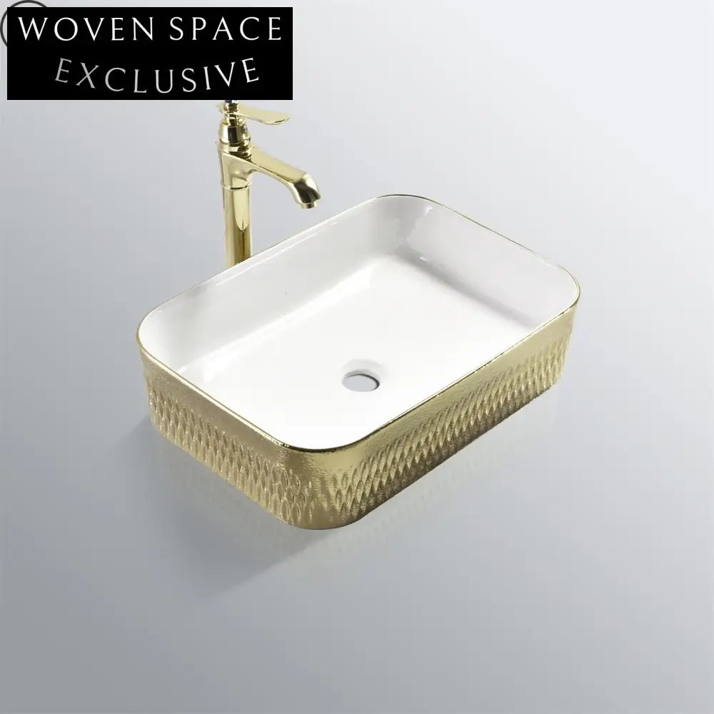 Luxury Modern White Ceramic Bathroom Countertop Vessel Sink with Gold Finish