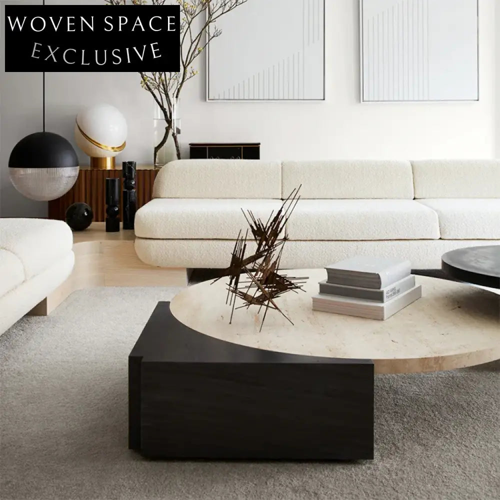 Luxury Natural Travertine Wood Round Coffee Table Set, Modern Living Room Centerpiece Design