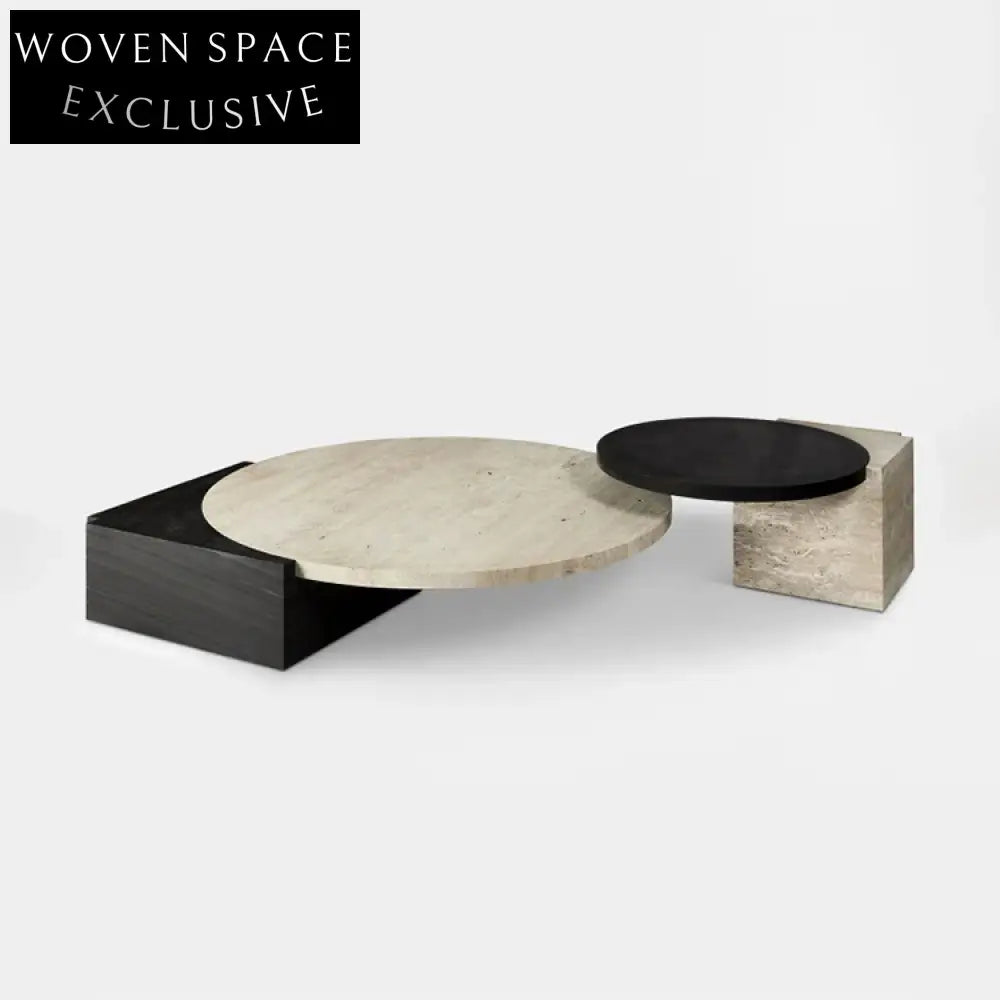 Luxury Natural Travertine Wood Round Coffee Table Set, Modern Living Room Centerpiece Design