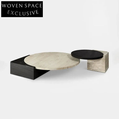 Luxury Natural Travertine Wood Round Coffee Table Set, Modern Living Room Centerpiece Design