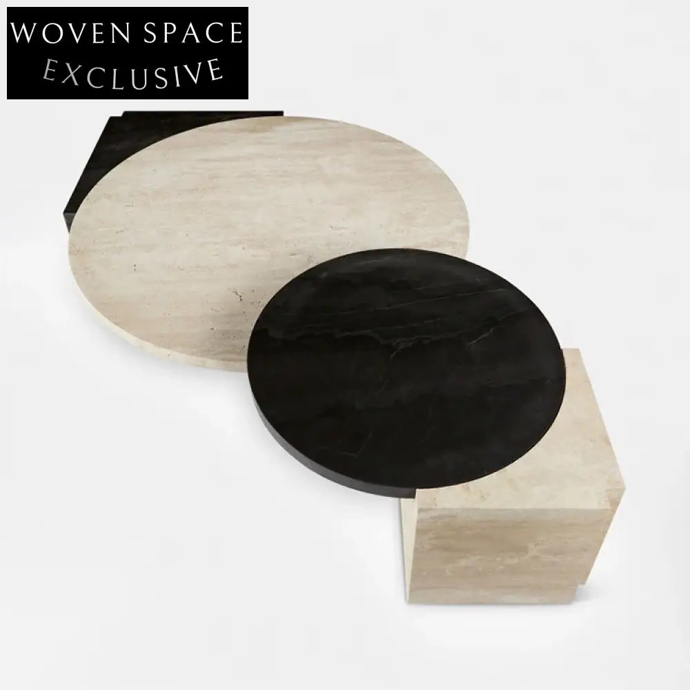 Luxury Natural Travertine Wood Round Coffee Table Set, Modern Living Room Centerpiece Design
