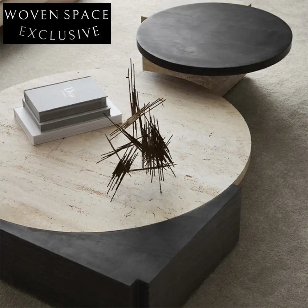 Luxury Natural Travertine Wood Round Coffee Table Set, Modern Living Room Centerpiece Design