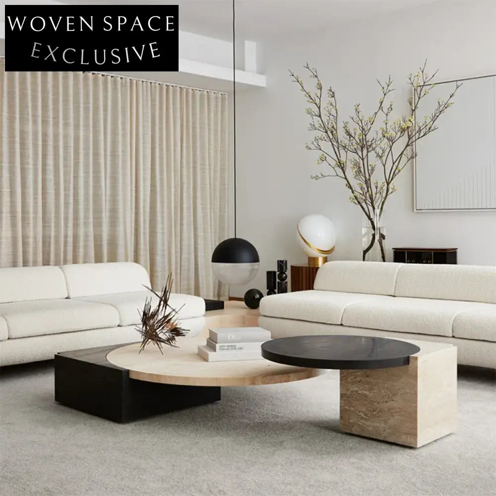 Luxury Natural Travertine Wood Round Coffee Table Set, Modern Living Room Centerpiece Design