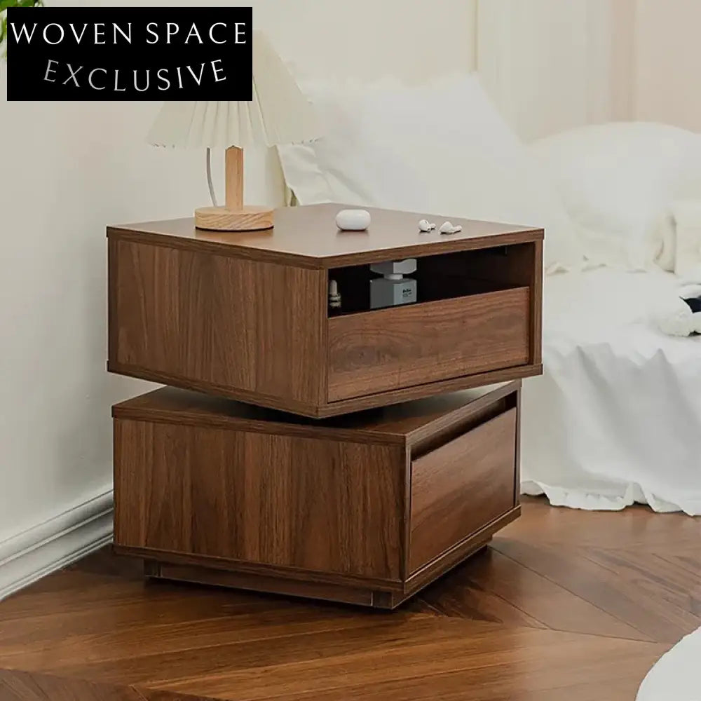 Luxury Nordic Rotatable Walnut Wood Nightstand for Modern Bedroom Living Room Decor