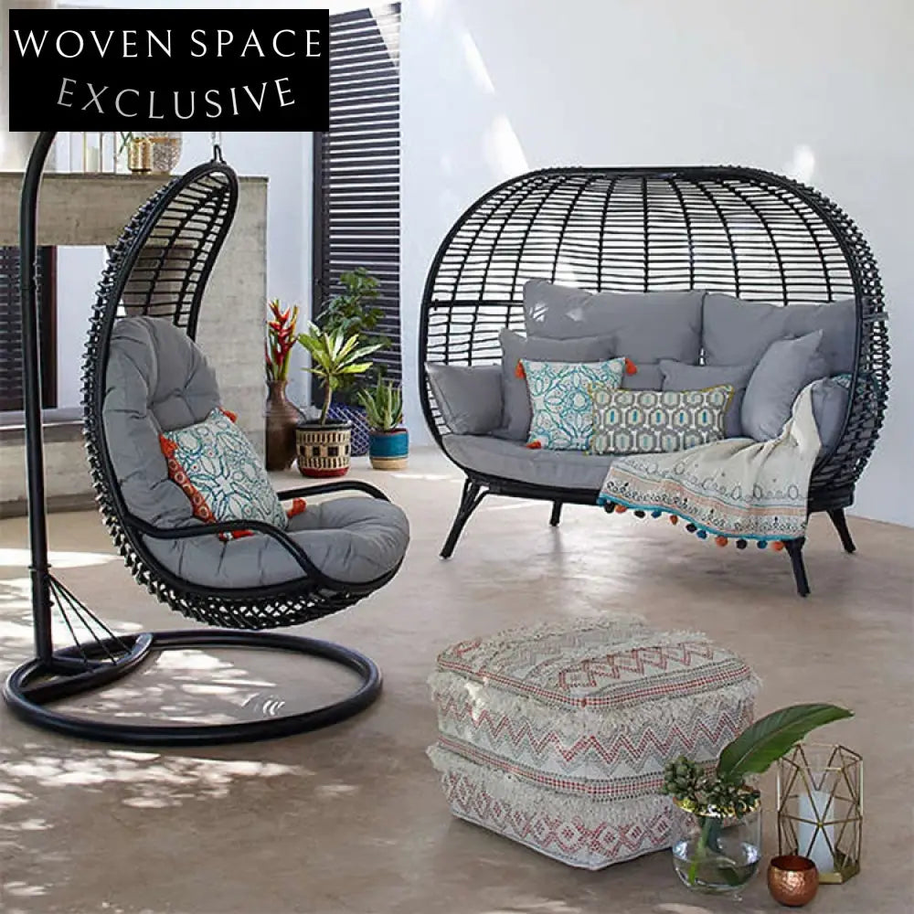 Luxury Rattan Hanging Egg Chair with Plush Cushions for Patio & Deck