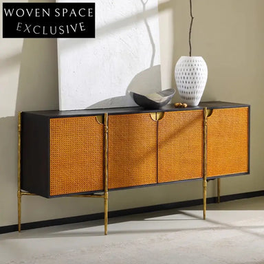 Luxury Rattan Sideboard Cabinet: Retro Solid Wood Storage for Kitchen & Living Room