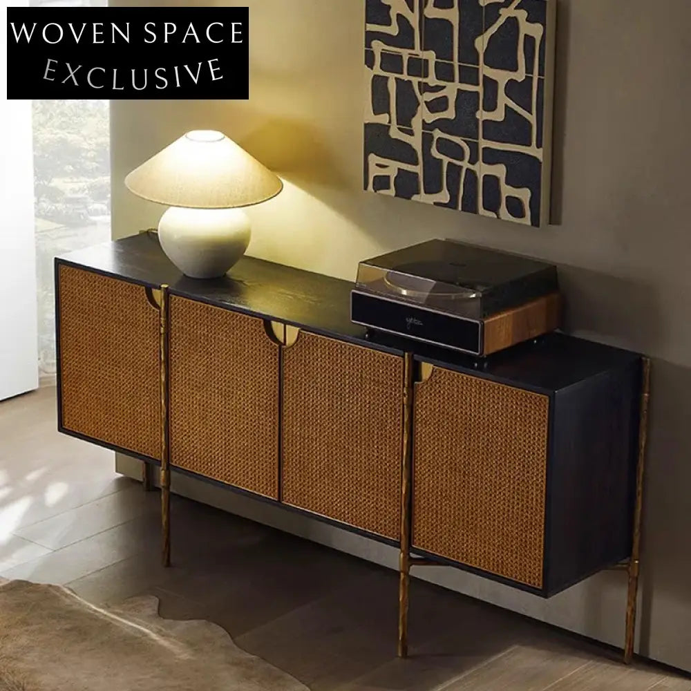 Luxury Rattan Sideboard Cabinet: Retro Solid Wood Storage for Kitchen & Living Room