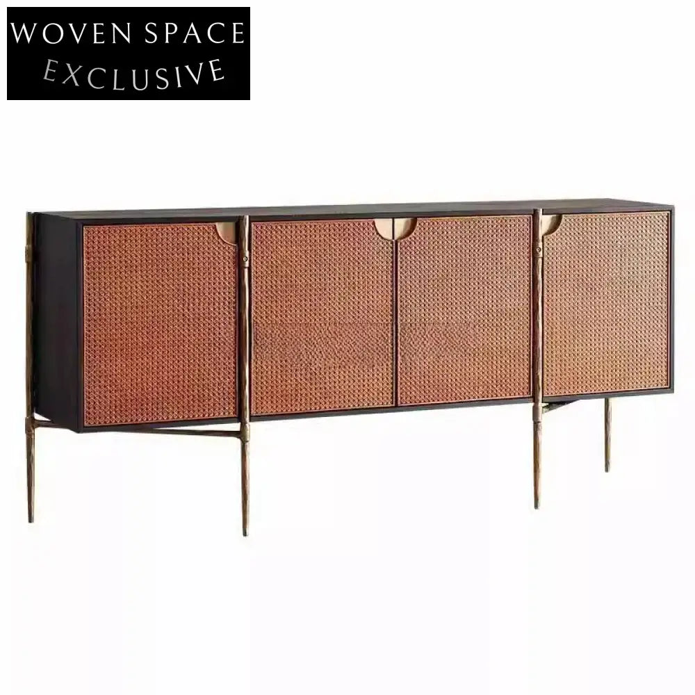 Luxury Rattan Sideboard Cabinet: Retro Solid Wood Storage for Kitchen & Living Room