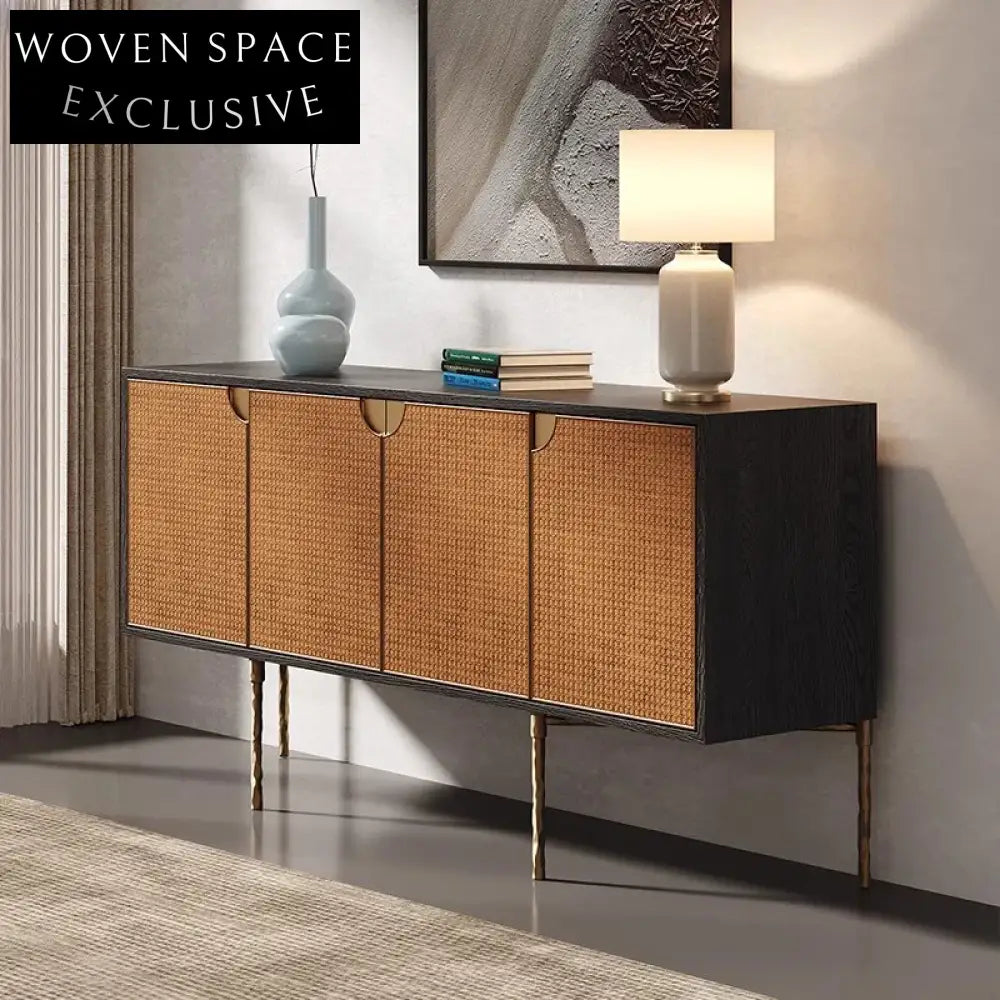 Luxury Rattan Sideboard Cabinet: Retro Solid Wood Storage for Kitchen & Living Room