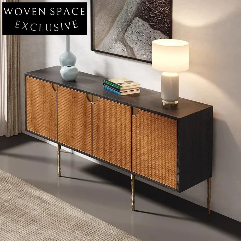 Luxury Rattan Sideboard Cabinet: Retro Solid Wood Storage for Kitchen & Living Room