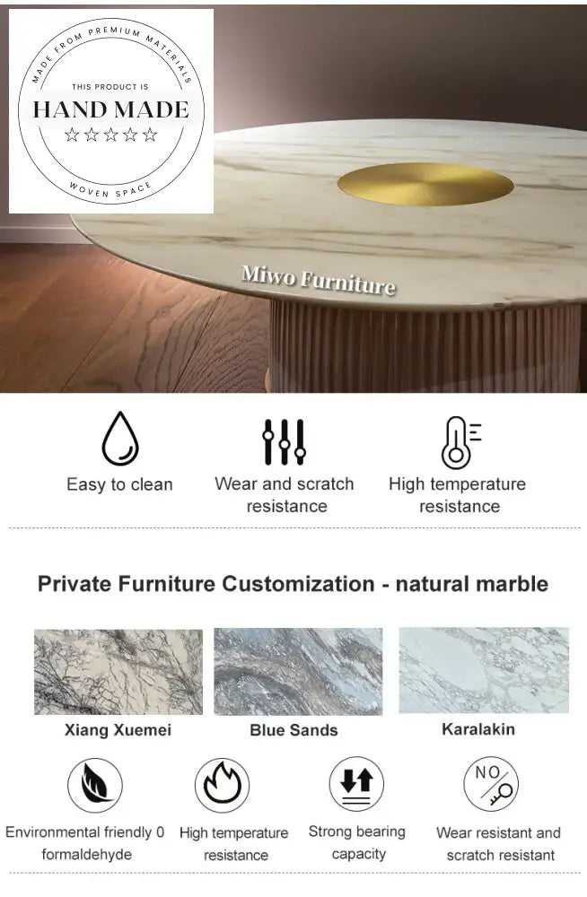 Luxury Round Solid Wood Marble Modern Leather Upholstered Dining Table