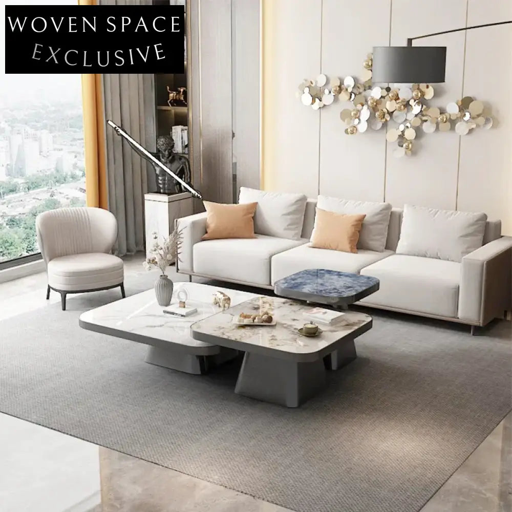 Luxury Sintered Stone Coffee Table Set Stainless Steel Frame Modern Square Design