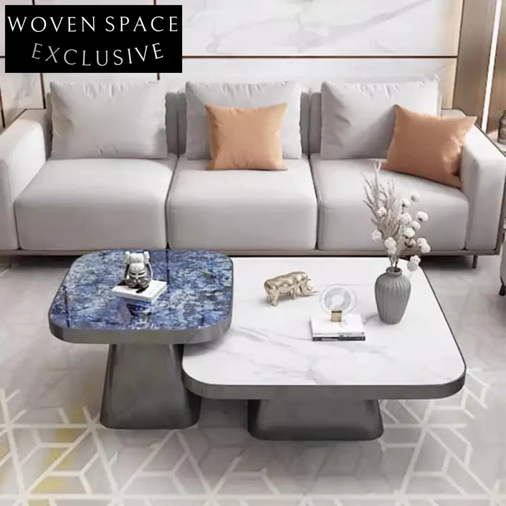 Luxury Sintered Stone Coffee Table Set Stainless Steel Frame Modern Square Design