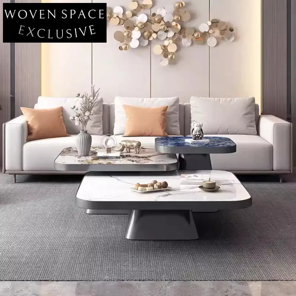 Luxury Sintered Stone Coffee Table Set Stainless Steel Frame Modern Square Design