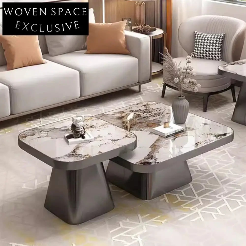 Luxury Sintered Stone Coffee Table Set Stainless Steel Frame Modern Square Design