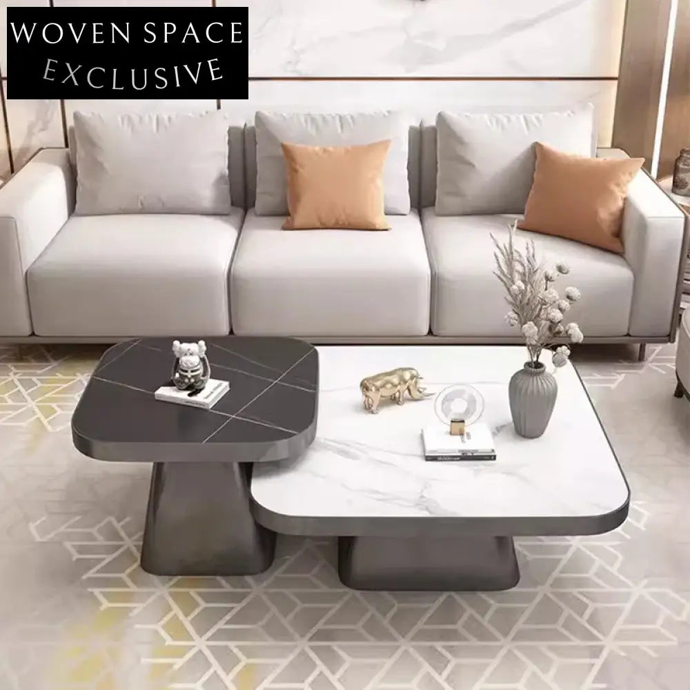 Luxury Sintered Stone Coffee Table Set Stainless Steel Frame Modern Square Design