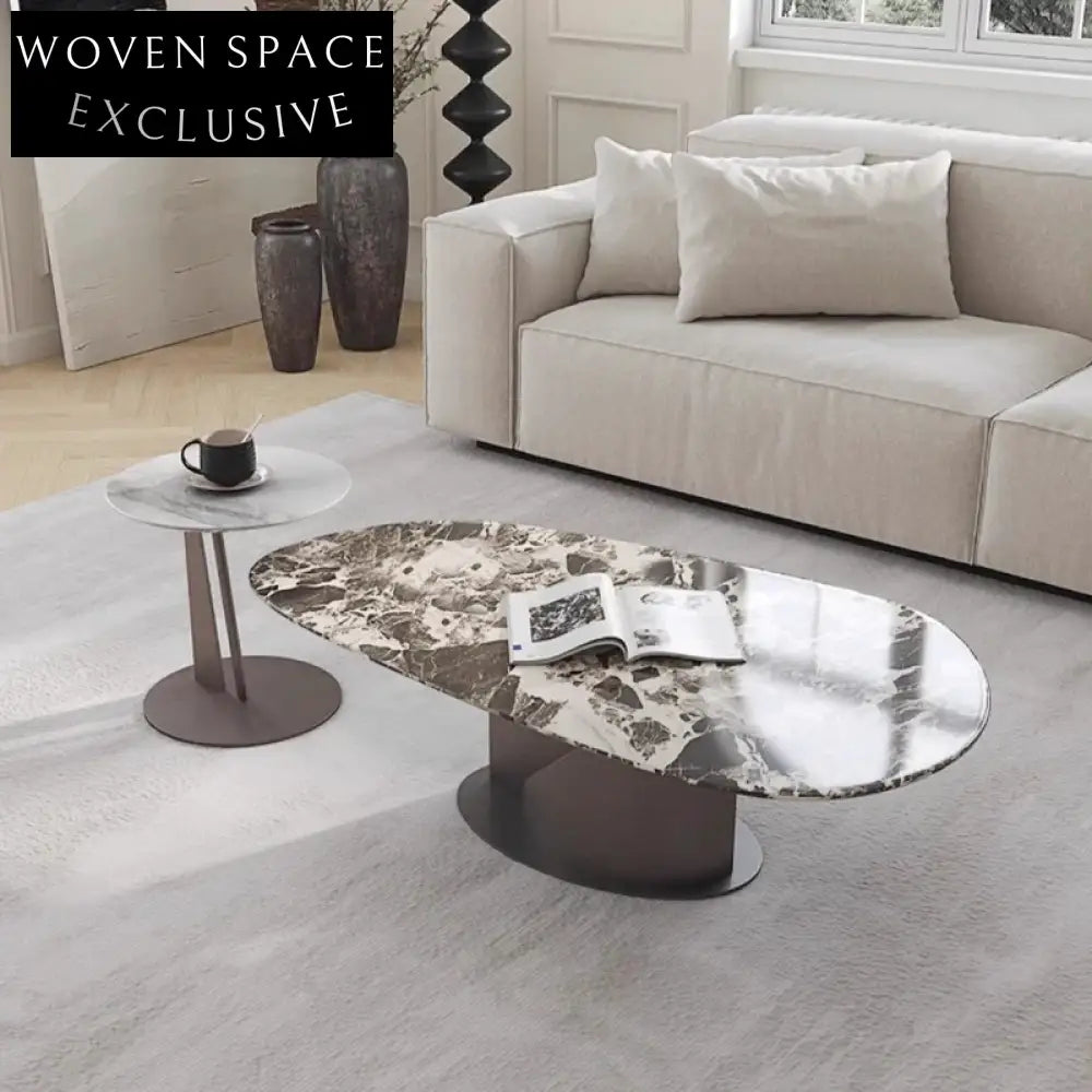 Luxury Sintered Stone & Metal Round Coffee Table Set for Living Room