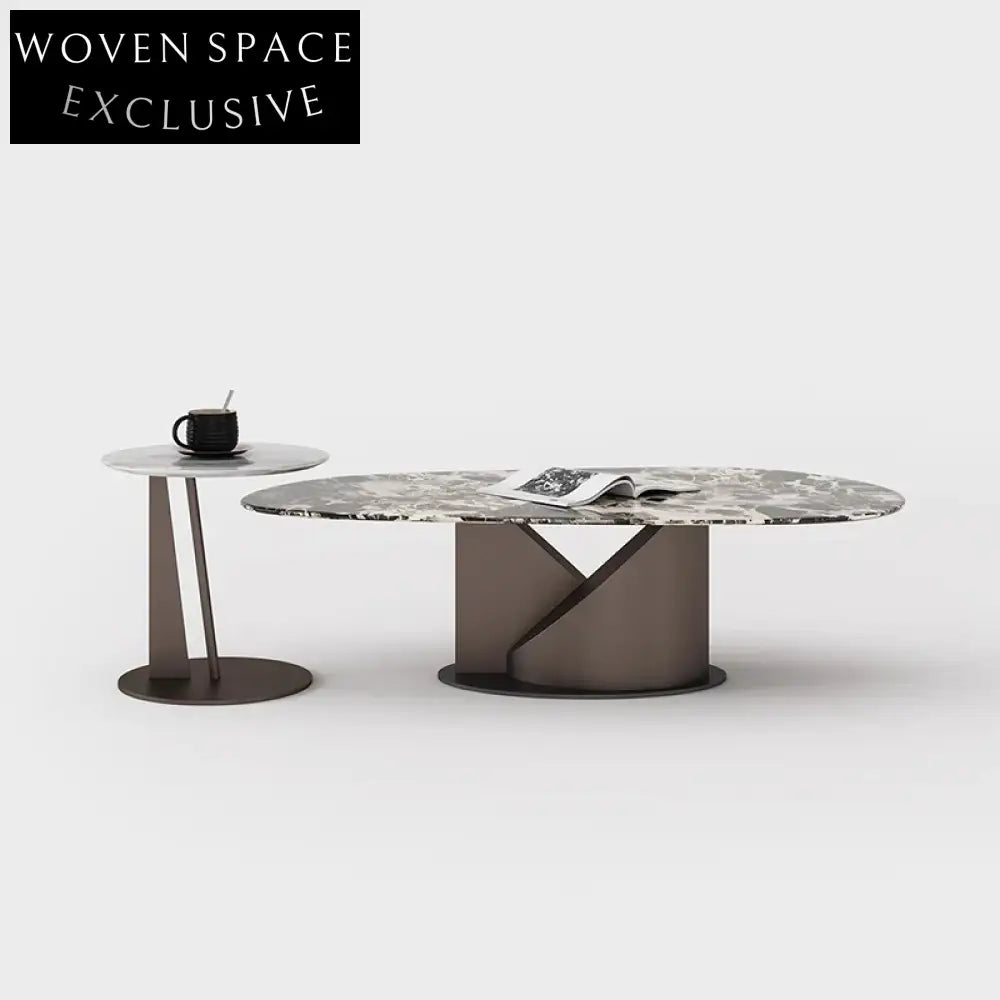 Luxury Sintered Stone & Metal Round Coffee Table Set for Living Room