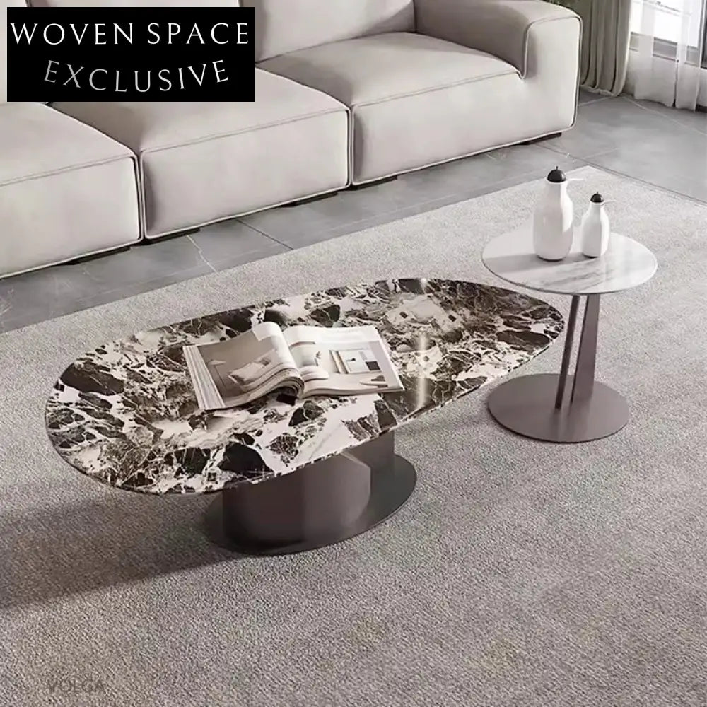 Luxury Sintered Stone & Metal Round Coffee Table Set for Living Room