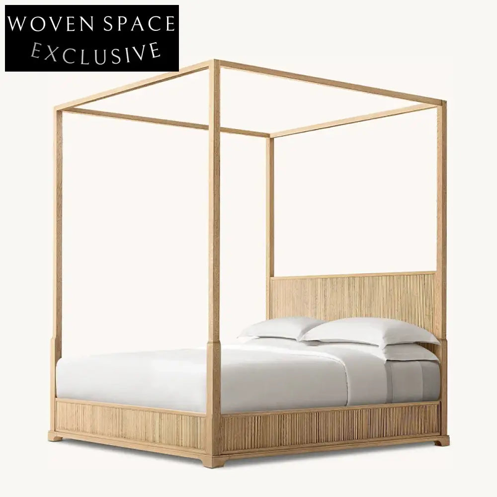 Luxury Solid Oak Four-Poster King Bed Frame with Hand-Carved Headboard