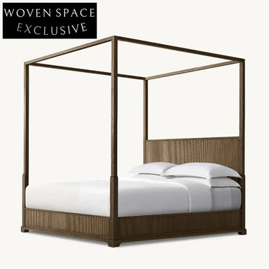 Luxury Solid Oak Four-Poster King Bed Frame with Hand-Carved Headboard