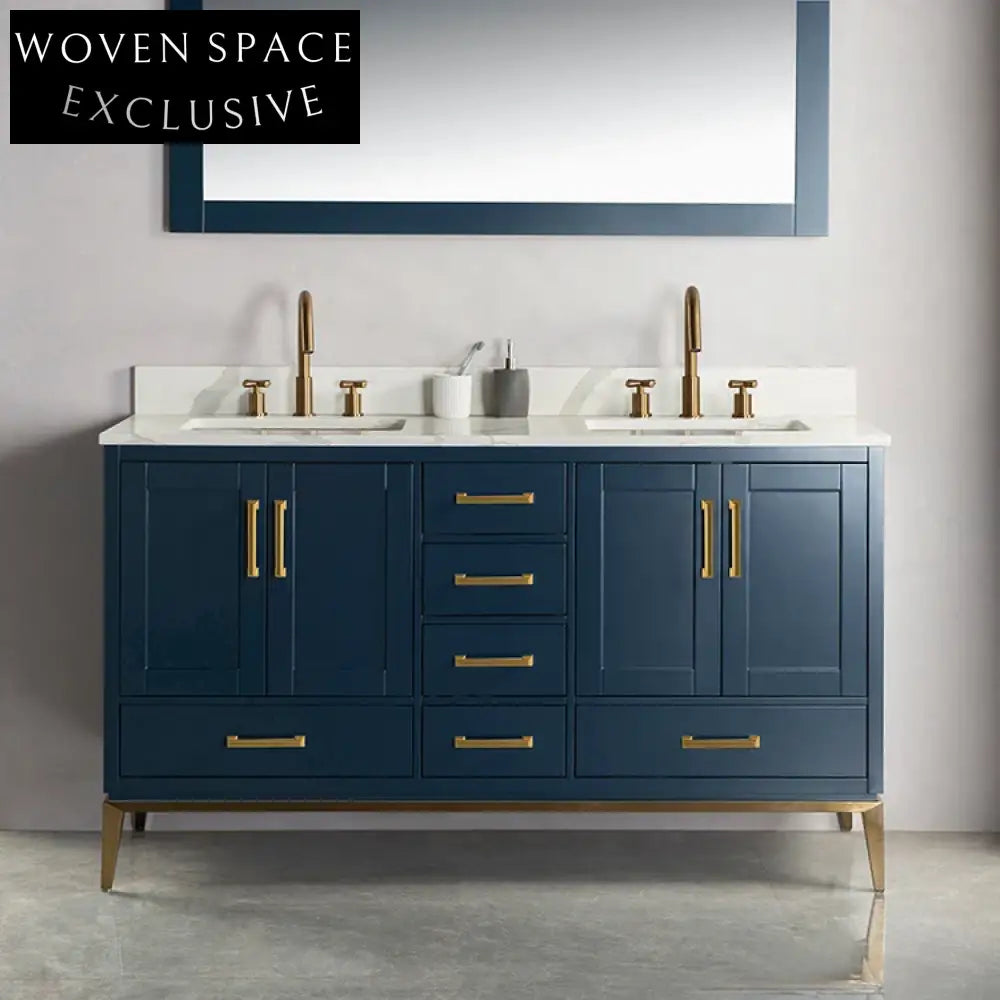 Luxury Solid Wood 60-Inch Bathroom Vanity with Marble Top, Soft-Close