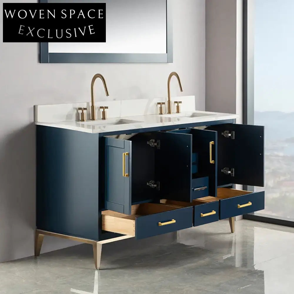 Luxury Solid Wood 60-Inch Bathroom Vanity with Marble Top, Soft-Close