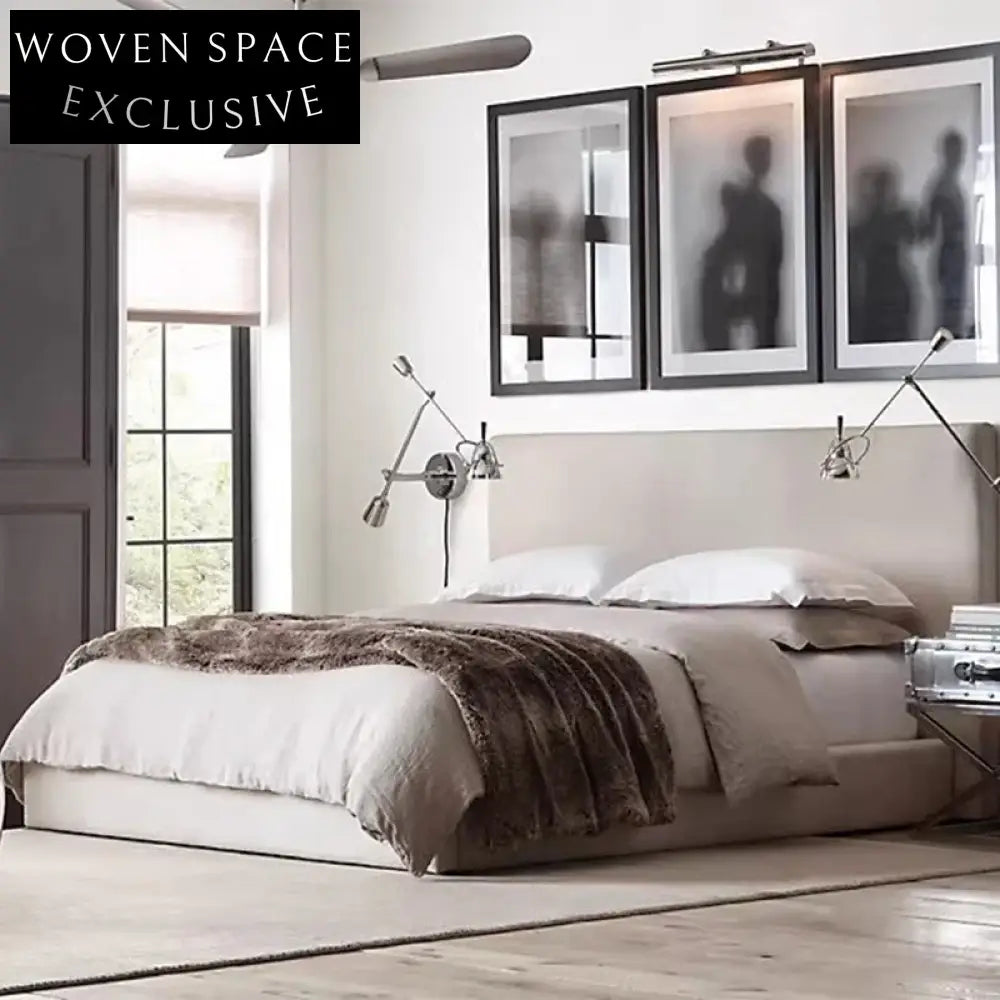 Luxury Solid Wood King Bed Frame with Velvet Soft Headboard Minimalist Design