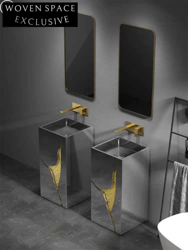 Luxury Stainless Steel Pedestal Sink – Designer Grey & Gold Bathroom Hand Wash Basin