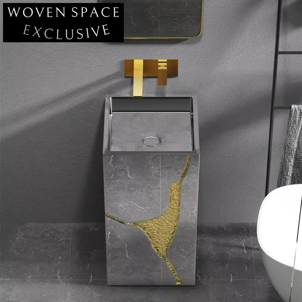 Luxury Stainless Steel Pedestal Sink – Designer Grey & Gold Bathroom Hand Wash Basin