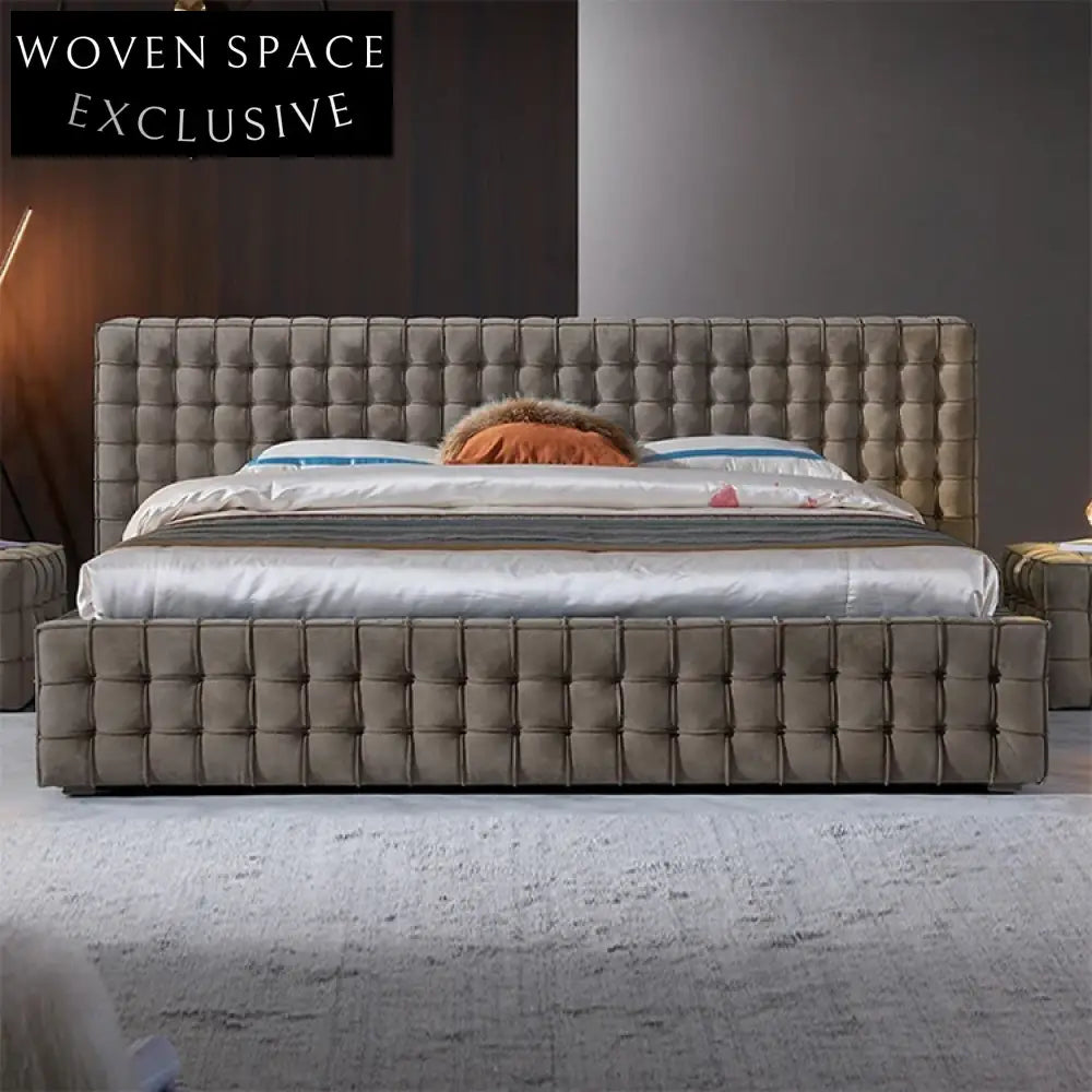 Luxury Suede Upholstered King Size Bed Frame with High Headboard