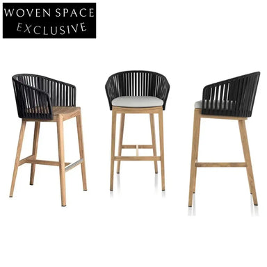 Luxury Teak Wood Outdoor High Bar Stool with Comfortable Rope Weave